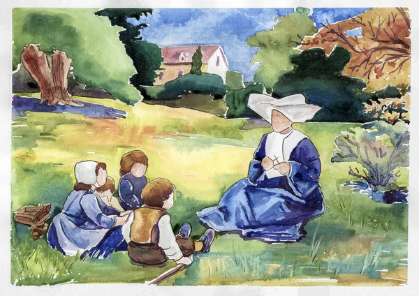 Nun Les Kinderen Aquarel — Stockfoto