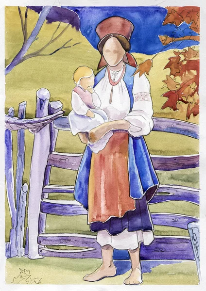 Mamma Och Baby Akvarell — Stockfoto