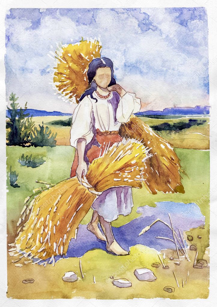 Girl with sheaves watercolor