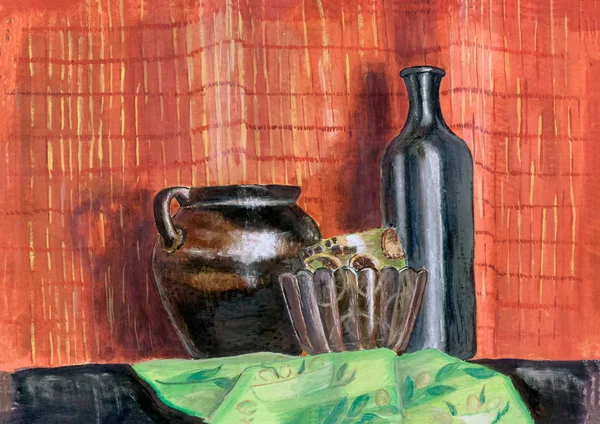 Natürmort seramik tencere vazo ve şişe guaş