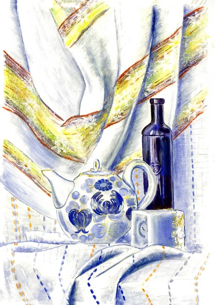 Still life ceramic teapot candle and bottle gouache