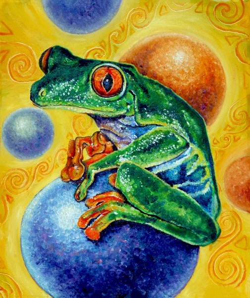 Cute frog on a blue ball oil on canvas