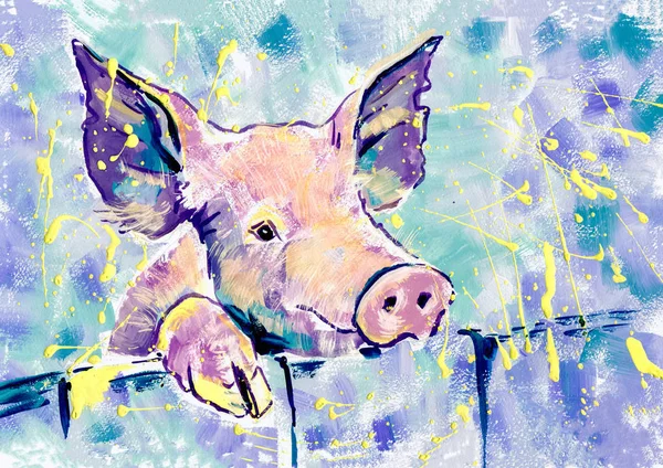 Happiness Pink Pig Gouache — Stock Photo, Image