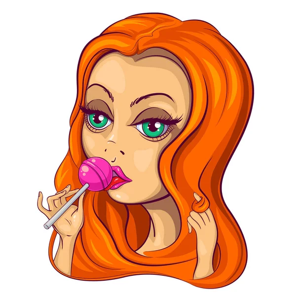 Kızıl saçlı kız. Chupa chups yalıyor