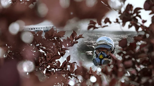 Predicting the future: The last man on earth wearing protective clothes walking through dead place. — Stock Photo, Image