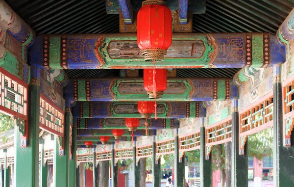 Interior of the Long traditional Corridor with highly decorated painted ceiling. Walkway through the Summer Palace, Beijing, China