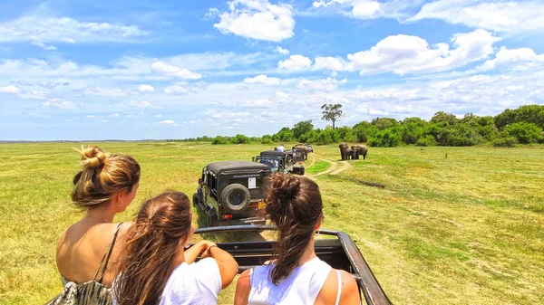 MASAI MARA, KENYA, January, 2019:: Tourists in all-terrain vehicle exploring the elephants in Masai Mara, Kenya in safari drive. — Stock Photo, Image