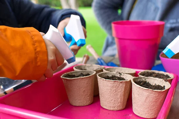 Anak-anak kecil belajar bagaimana menanam benih di kebun. Kedalaman bidang tangan yang sempit memegang benih dan tanah hitam dalam pot. Taman ekologi di sekolah dasar di Spanyol. — Stok Foto