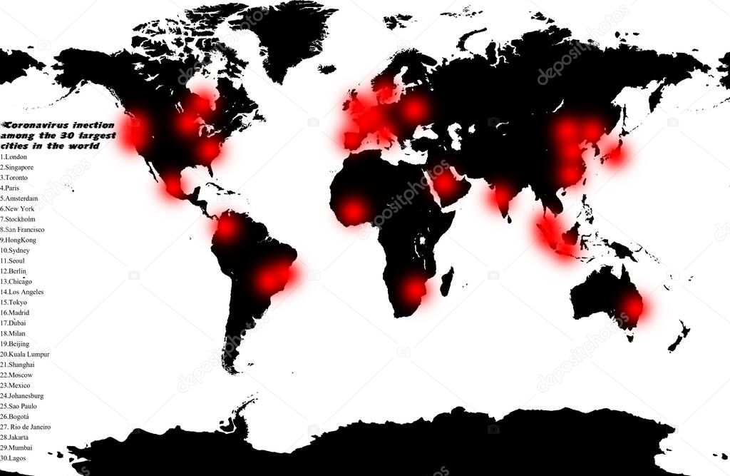 World attack coronavirus. Global coronavirus infection among the largest cities in the world. Map tracking the spread of the Outbreak in the world. Forecast or prediction of Cornavirus spreading in the world map.