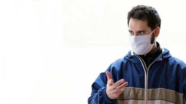 Young Man Protective Medical Mask Isolated White Background Coronavirus Advice — Stock Photo, Image