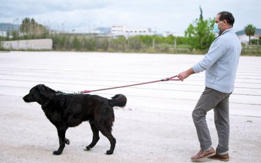 İspanya 19 Nisan 2020 'de İspanya, Murcia' da koronavirüs hastalığının yayılmasını yavaşlatmak için köpeği ile birlikte dışarı çıkan bir adam..