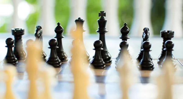 Chess board set up and ready to play. Narrow depth of field.