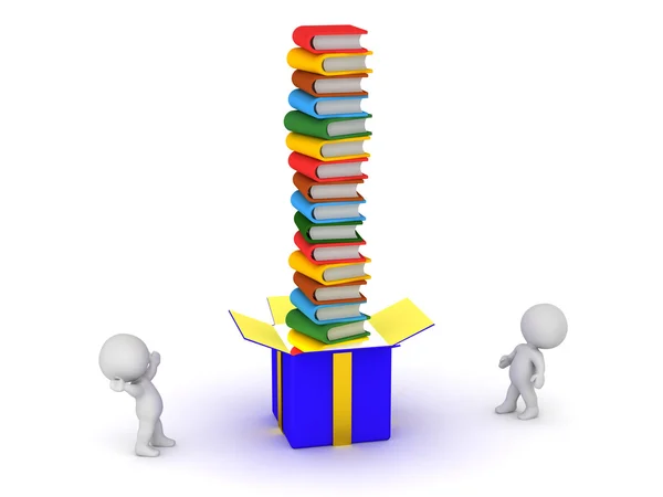 3D Characters Looking Up at a Gift Box with Colorful Books — Stock Photo, Image