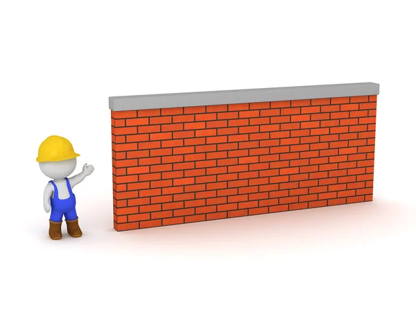 3D Character Wearing Worker Clothes Showing Brick Wall