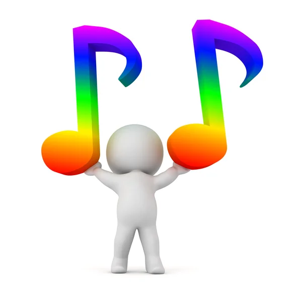 Personaje 3D sosteniendo dos notas musicales de color arco iris — Foto de Stock