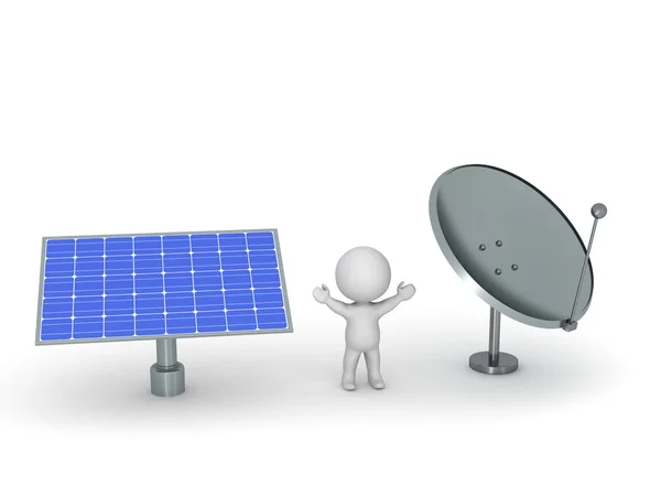 3D-Charakter mit Solarpanel und Parabolantenne — Stockfoto