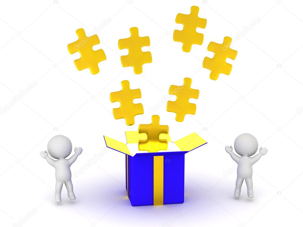 3D Characters Cheering and Open Gift Box with Puzzle Pieces