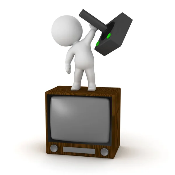 3D Character with Retro TV and Video Game Joystick — Stock Photo, Image
