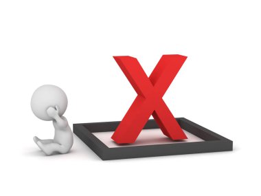 3d karakter oturan üzgün yanında kırmızı X işareti
