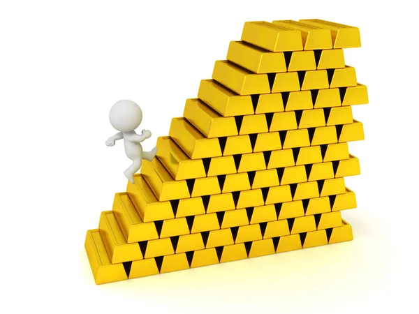 3D Character Running Up Stairs Made of Gold Bars — Stock Photo, Image