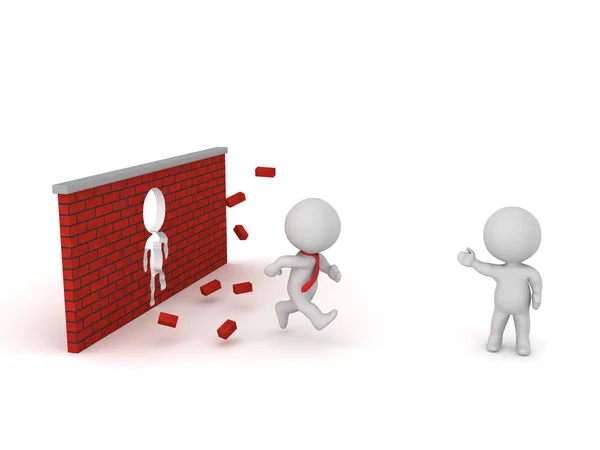 3D Characters Showing Breaking Through Brick Wall — Stock Photo, Image