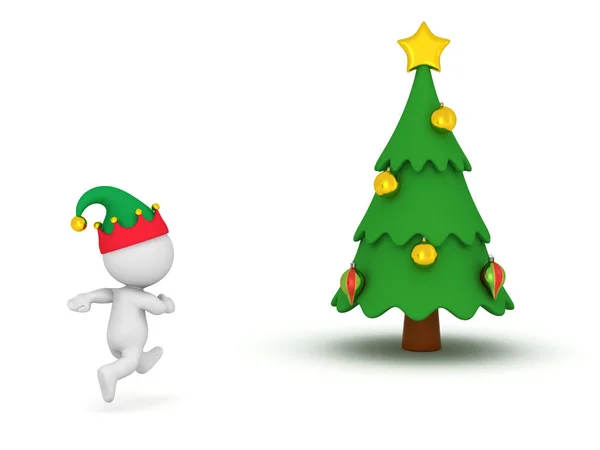 Personaje 3D con sombrero de elfo corriendo al árbol de Navidad decorado — Foto de Stock