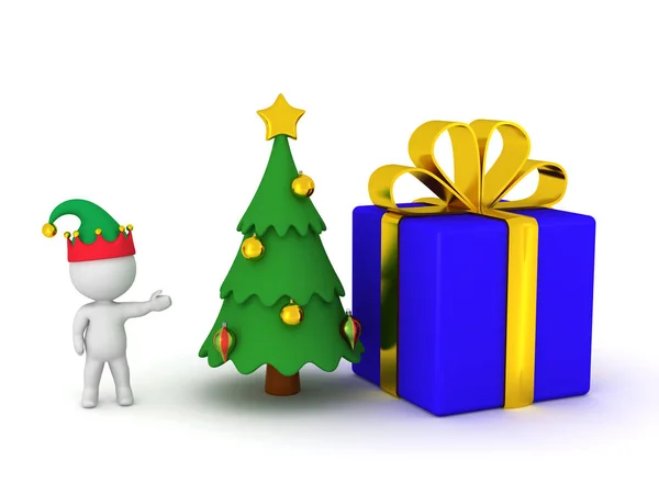 Caractère 3D avec un arbre de Noël et un grand cadeau enveloppé — Photo