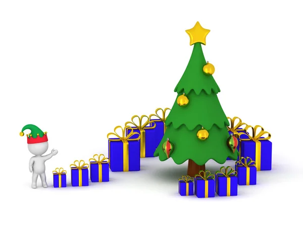 3D χαρακτήρα με μικρά και μεγάλα δώρα και το χριστουγεννιάτικο δέντρο — Φωτογραφία Αρχείου