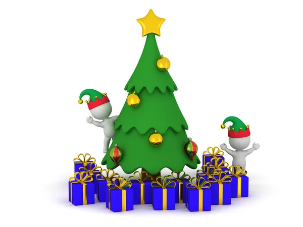 3D χαρακτήρες με καπέλα Elf και χριστουγεννιάτικο δέντρο με δώρα — Φωτογραφία Αρχείου