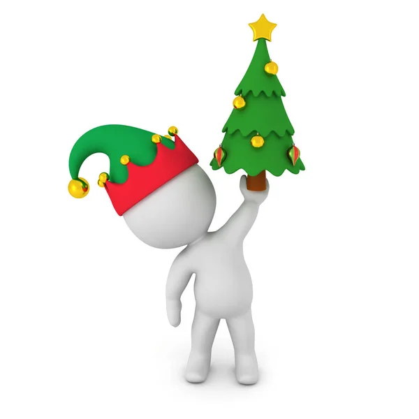 3D Character with Elf Hat Holding Up a Small Christmas Tree — Stock Photo, Image