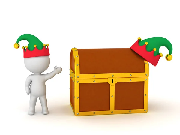 3D Character with Elf Hat and Treasure Chest — Stock Photo, Image