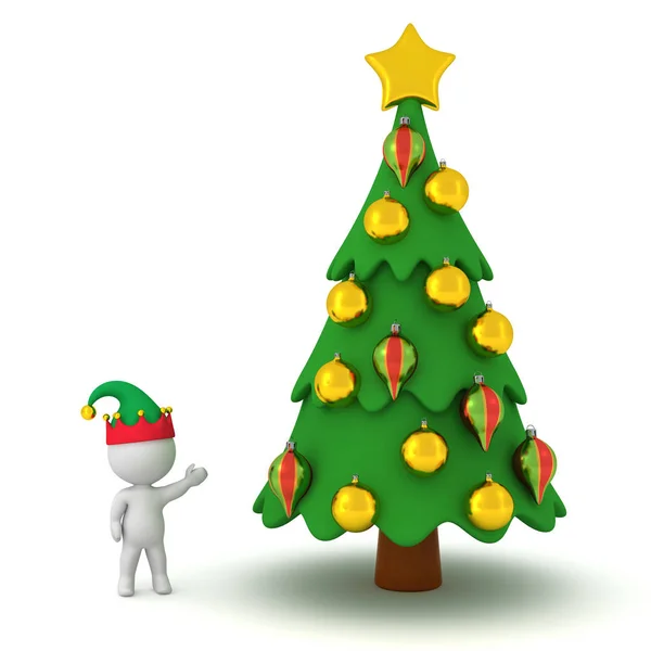 Personagem 3D com chapéu de elfo mostrando uma árvore de Natal decorada — Fotografia de Stock