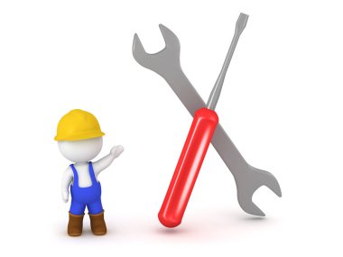 3d karakter gösteren bir İngiliz anahtarı ve bir vida sürücü tulum giymiş