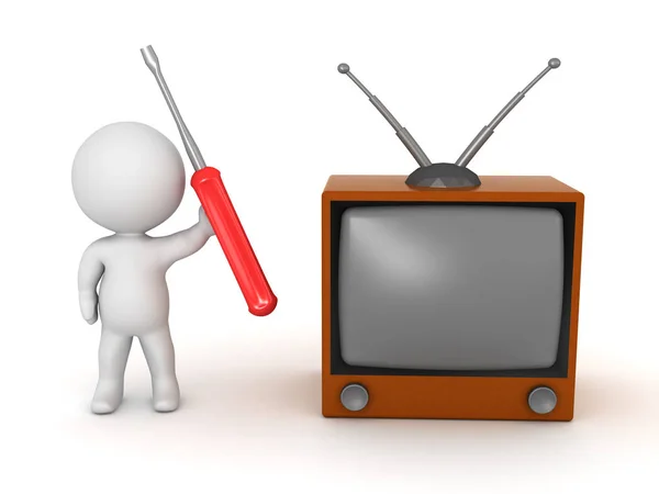 3D Character with Retro TV and Screwdriver — Stock Photo, Image