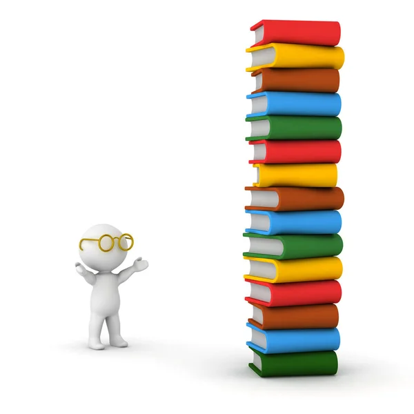 3D Character with Glasses and Stack of Books — Stock Photo, Image
