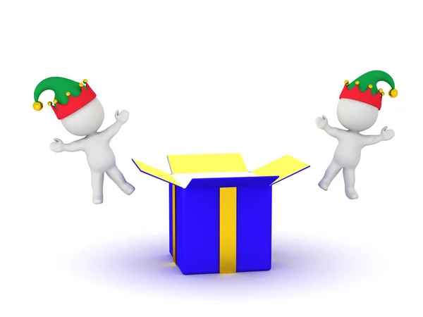 3D Characters with Elf Hats and Open Gift Box — Stock Photo, Image