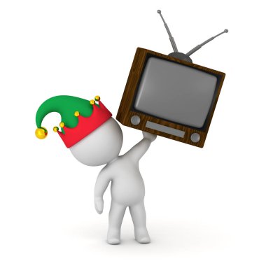 Elf şapka ve Retro Tv ile 3D karakter