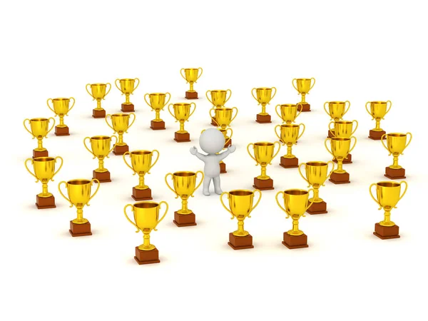 Carácter 3D y muchos trofeos de oro — Foto de Stock