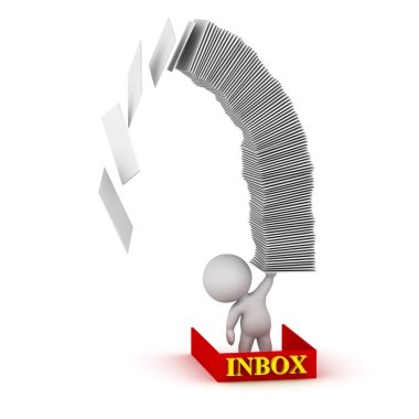 gelen kutusu ve düşen kağıtları ile 3D karakter