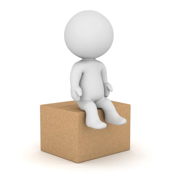 Personaje 3D sentado en una caja de cartón — Foto de Stock