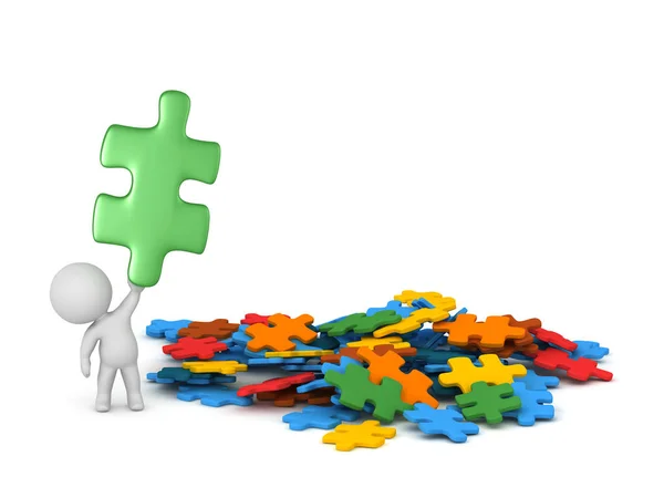 3D Character and Colorful Puzzle Pieces — Stock Photo, Image