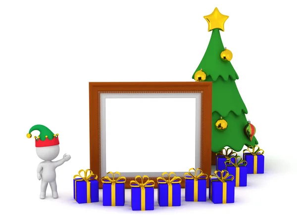 Personaje 3D con Árbol de Navidad y Marco —  Fotos de Stock