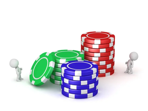 Piccoli personaggi 3D e pile di chip di poker — Foto Stock