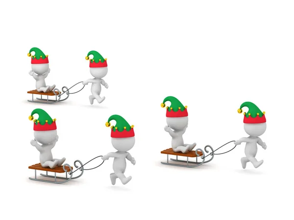3D Characters in Elf Hats Riding Sleds — Stock Photo, Image