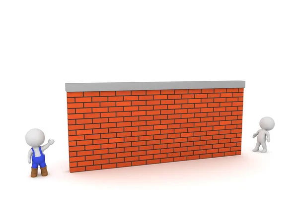 Personaje 3D en overoles y gran pared de ladrillo — Foto de Stock