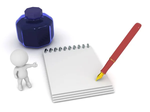 3D Character with Notepad and Fountain Pen — Stock Photo, Image