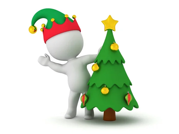 3D-s karakter és egy kis karácsonyi fa — Stock Fotó