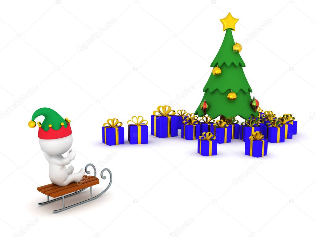 3D Character Riding Sled Toward Christmas Tree with Gifts