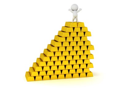 Büyük yığın altın barlar ile 3D karakter