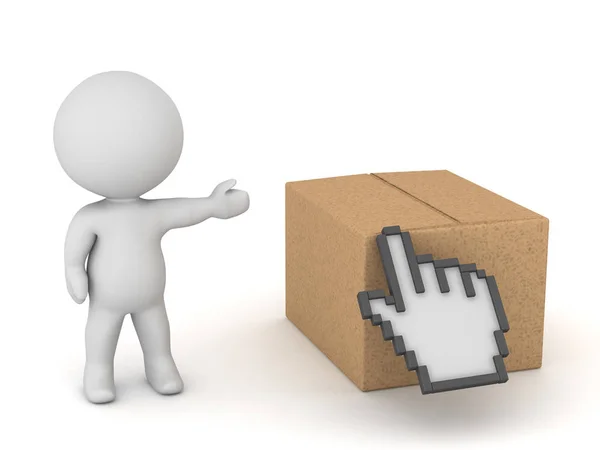 Personagem 3D com caixa de papelão e clique em Cursor de mão — Fotografia de Stock